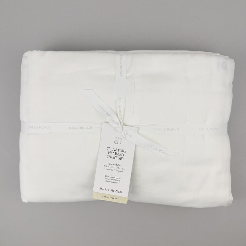 Boll & Branch Signature Hemmed Sheet Set QUEEN White 100% Organic Cotton Bedding